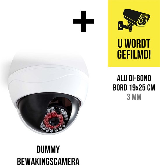 Dummy Beveiligingscamera Pack + Pictogram "U wordt gefilmd!" in aluminium | Waterdichte behuizing voor gebruik buitenshuis | Incl. AA batterijen