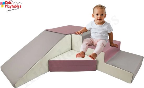 Zachte Soft Play Foam Blokken 4-delige set glijbaan met trap Paars-Grijs | grote speelblokken | motoriek baby speelgoed | foamblokken | reuze bouwblokken | Soft play peuter speelgoed | schuimblokken