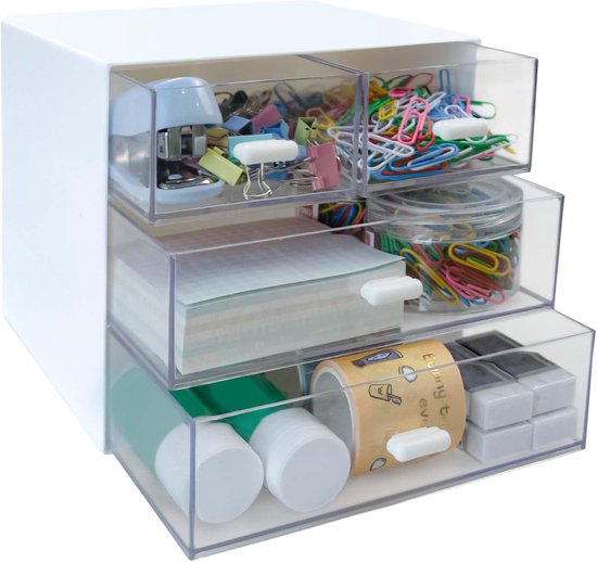OSteed Desktop stapelbare opslag 4 laden, blauwe briefpapier opslag laden, make-up bureau organizer opbergdoos, kleine plastic opbergunit met laden, 2 diepe lagen