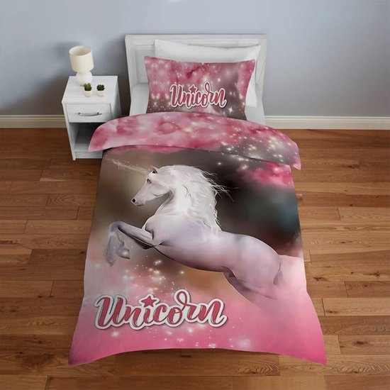 1-persoons meisjes dekbedovertrek (dekbed hoes) met grote unicorn / eenhoorn / wit paard (springpaard) op roze achtergrond met schitterende sterren / sterretjes KATOEN - SATIJN eenpersoons 140 x 220 cm (luxe TOP KWALITEIT beddengoed kinderkamer!)