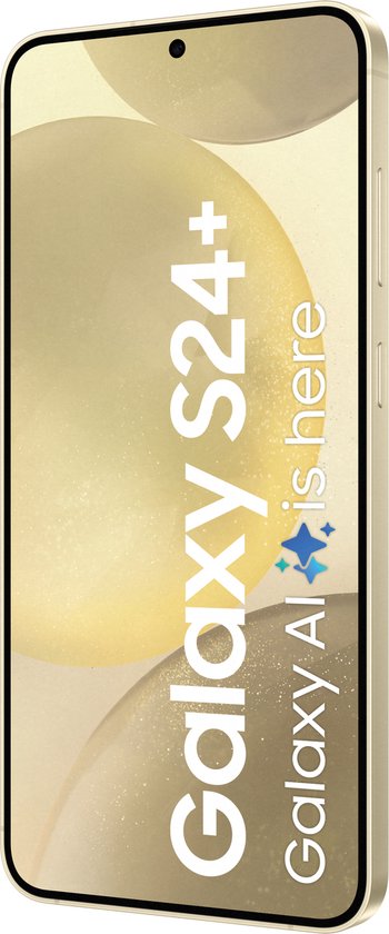 Gouden Samsung Galaxy S24+ met "Galaxy AI is here" op het scherm.