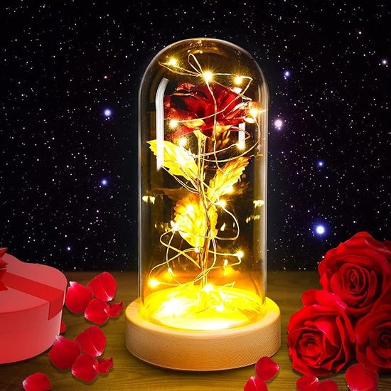 Eeuwige rozen in glazen koepel, Led-verlichting, Kunstbloemen, Roos, Cadeaus voor vrouwen, Cadeau voor verjaardag, Valentijnsdag, Moederdag, Kerstmis