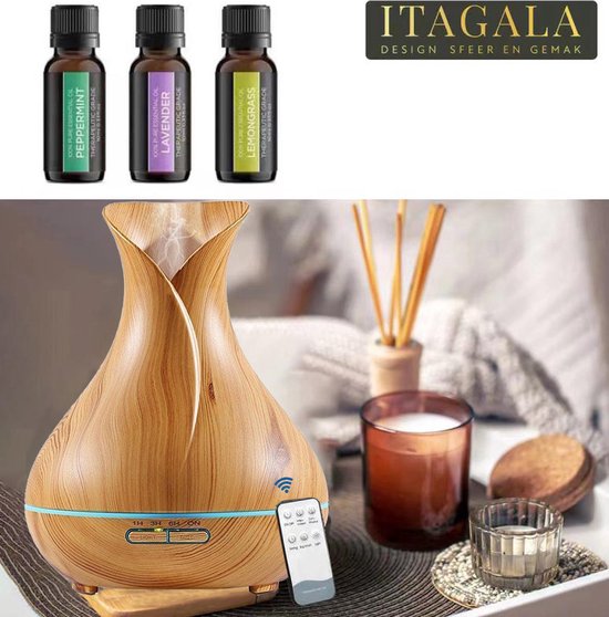Diffuseurs de parfum Itagala |  Vase diffuseur d' Aroma | Aromathérapie | Vaporisateur et nébuliseur d'huile essentielle à ultrasons | 550 ml | Désodorisant et humidificateur avec éclairage LED atmosphérique | Avec télécommande | Marron