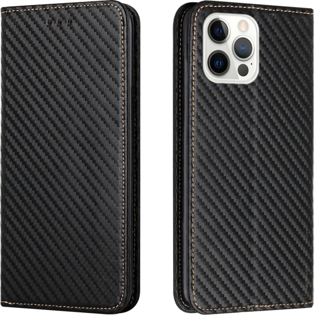 Luxe BookCover Hoes Etui geschikt voor iPhone 15 Pro Zwart-Carbon