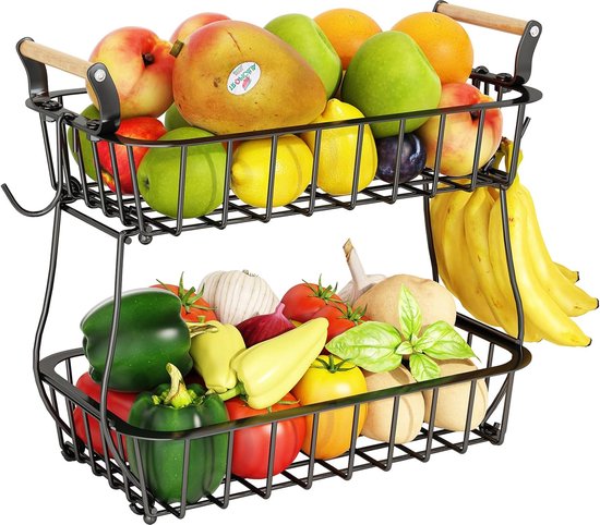 Fruitmand, 2 etages, met bananenhouder, staand model, voor groente en fruit, modern, praktisch, voor dagelijks gebruik in de keuken, metaal, zwart