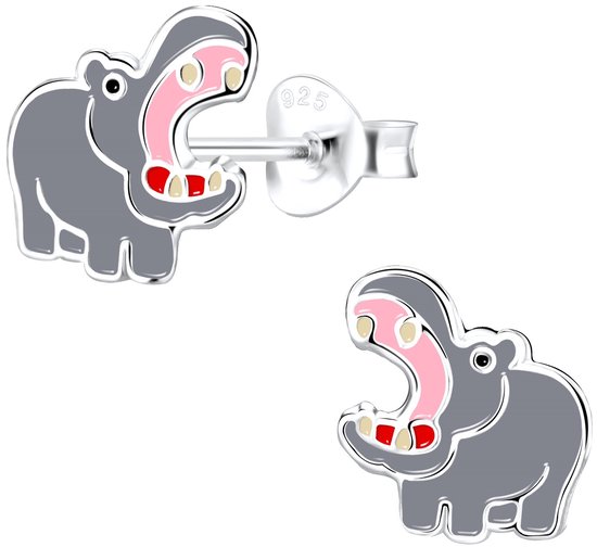 Joy|S - Zilveren nijlpaard oorbellen - 9 mm - grijs