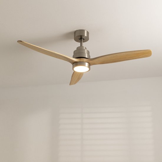 CREATE Windcalm Line Plafondventilator met verlichting, wit natuurlijk hout met horizontale lijnen, wifi en afstandsbediening, 40 W, 132 cm, 6 snelheden, 3 lichttemperaturen, zomer-wintermodus