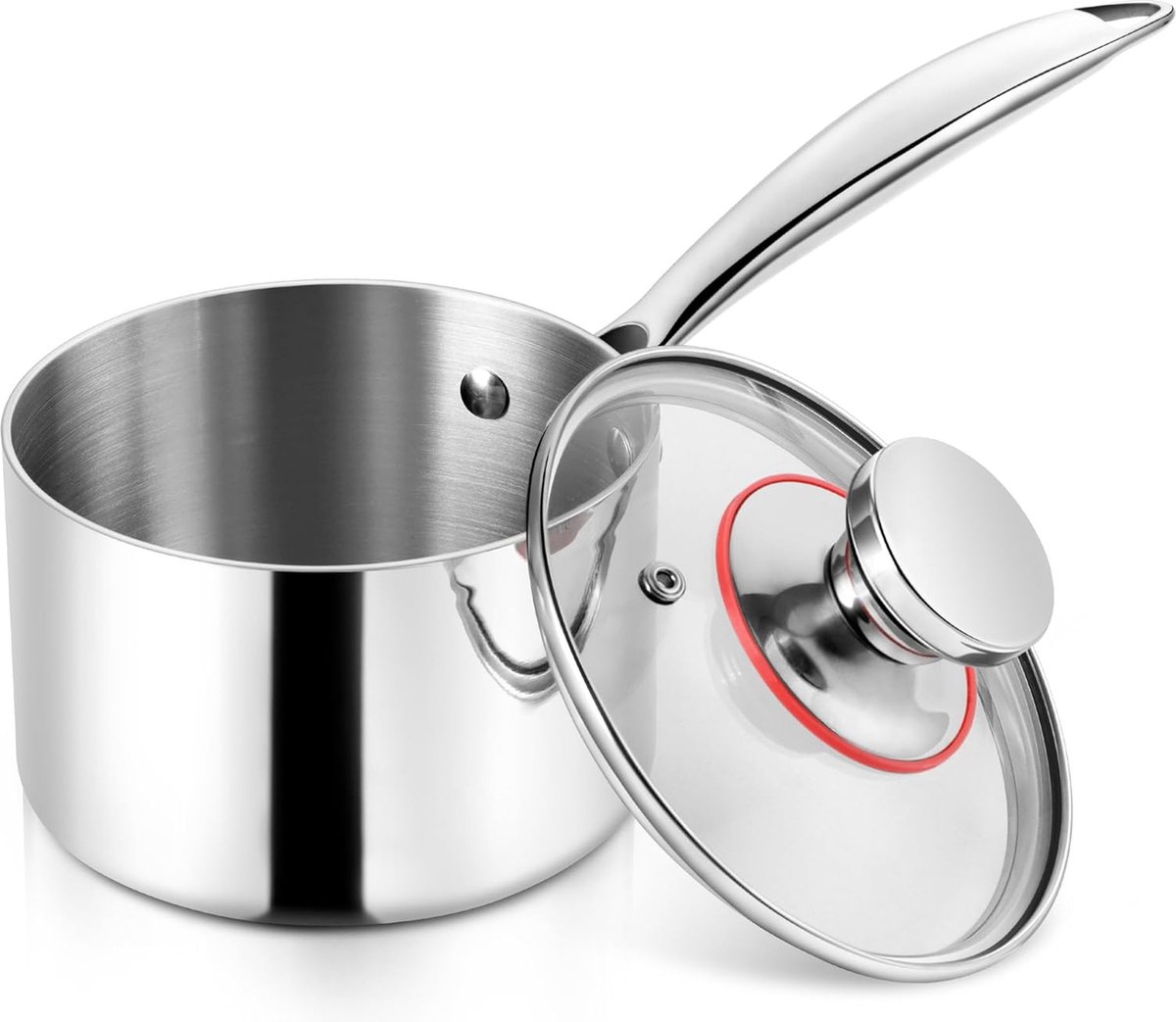 Steelpan 16 cm, 18/10 roestvrijstalen melkpan met deksel 1,7 liter, steelpan met lange steel, inductie braadpan voor keuken/restaurant, ongecoat, vaatwasmachinebestendig.