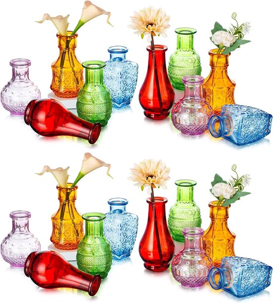 Kleine vintage glazen bloemenvaas: Mini Bud Sweet Erwten Vaas Set van 20, kristal gekleurd, rustiek voor woonkamer, eettafel, bruiloft centrum, binnen slaapkamer decoratie.