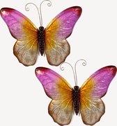 Anna's Collection Wand decoratie vlinder - 2x - roze - 32 x 24 cm - metaal - muurdecoratie