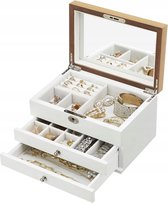 Sieradendoos, 3-laags juwelendoos, houten juwelendoos, juwelenopberger, juwelendoos, met lades, voor ringen, oorbellen, armbanden en kettingen, wit
