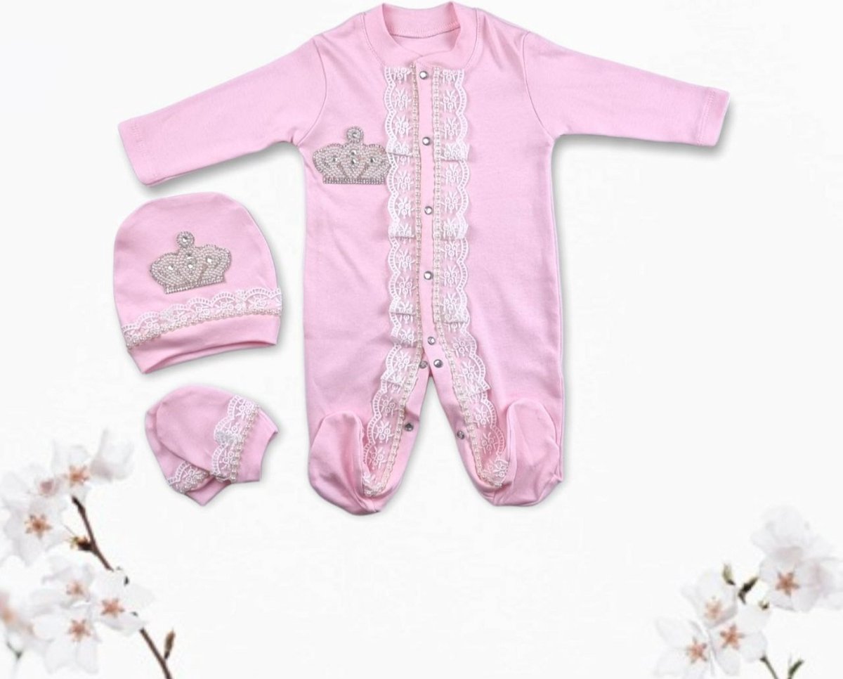 Baby royal boxpakje Diamanten en Parel Kroontje 3-delig - maat 56 - rose - baby meisje - babykleertjes - Kraamkado