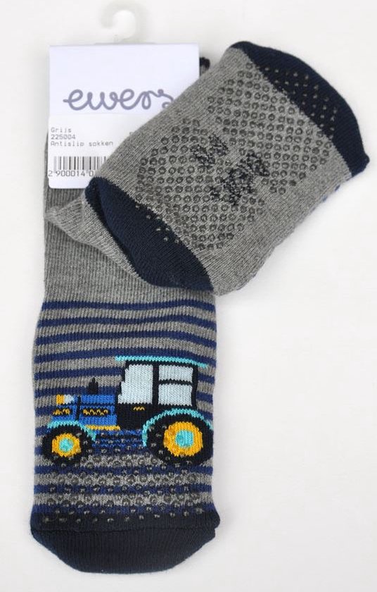 Ewers anti slip baby sokken - Krabbelfix - tractor grijs - antislip nopjes - maat 18-19