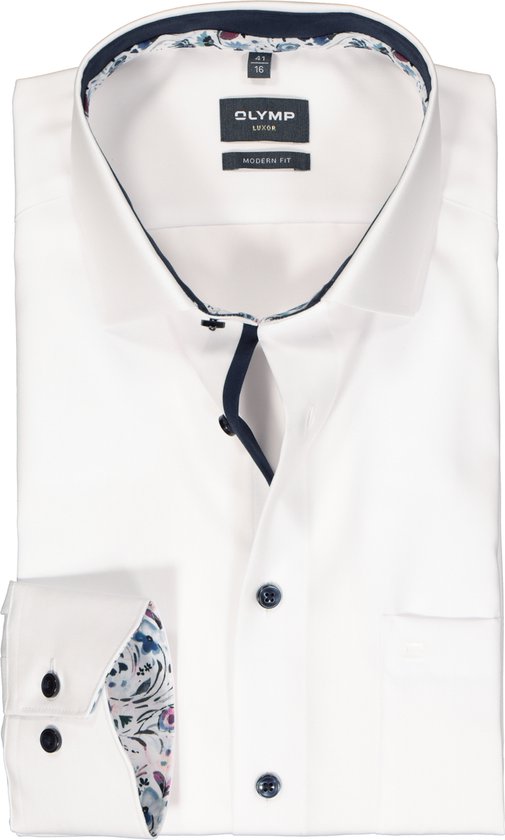 OLYMP modern fit overhemd - mouwlengte 7 - popeline - wit - Strijkvrij - Boordmaat: 40
