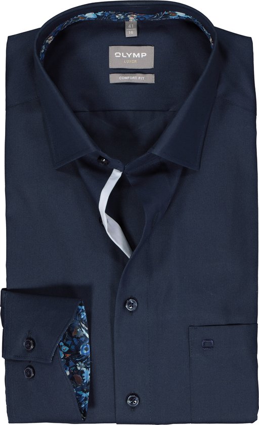 OLYMP comfort fit overhemd - mouwlengte 7 - popeline - donkerblauw - Strijkvrij - Boordmaat: 41