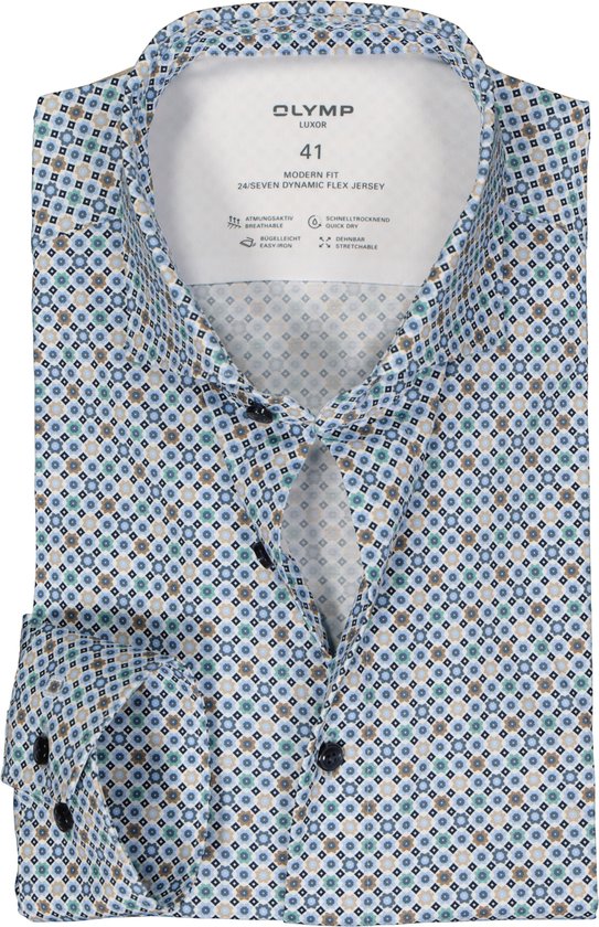 OLYMP 24/7 modern fit overhemd - tricot - blauw met beige en wit dessin - Strijkvriendelijk - Boordmaat: 40