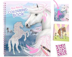 foto van Miss Melody paarden kleurboek met pailletten op cover + stickervel met o.a. roze paardjes