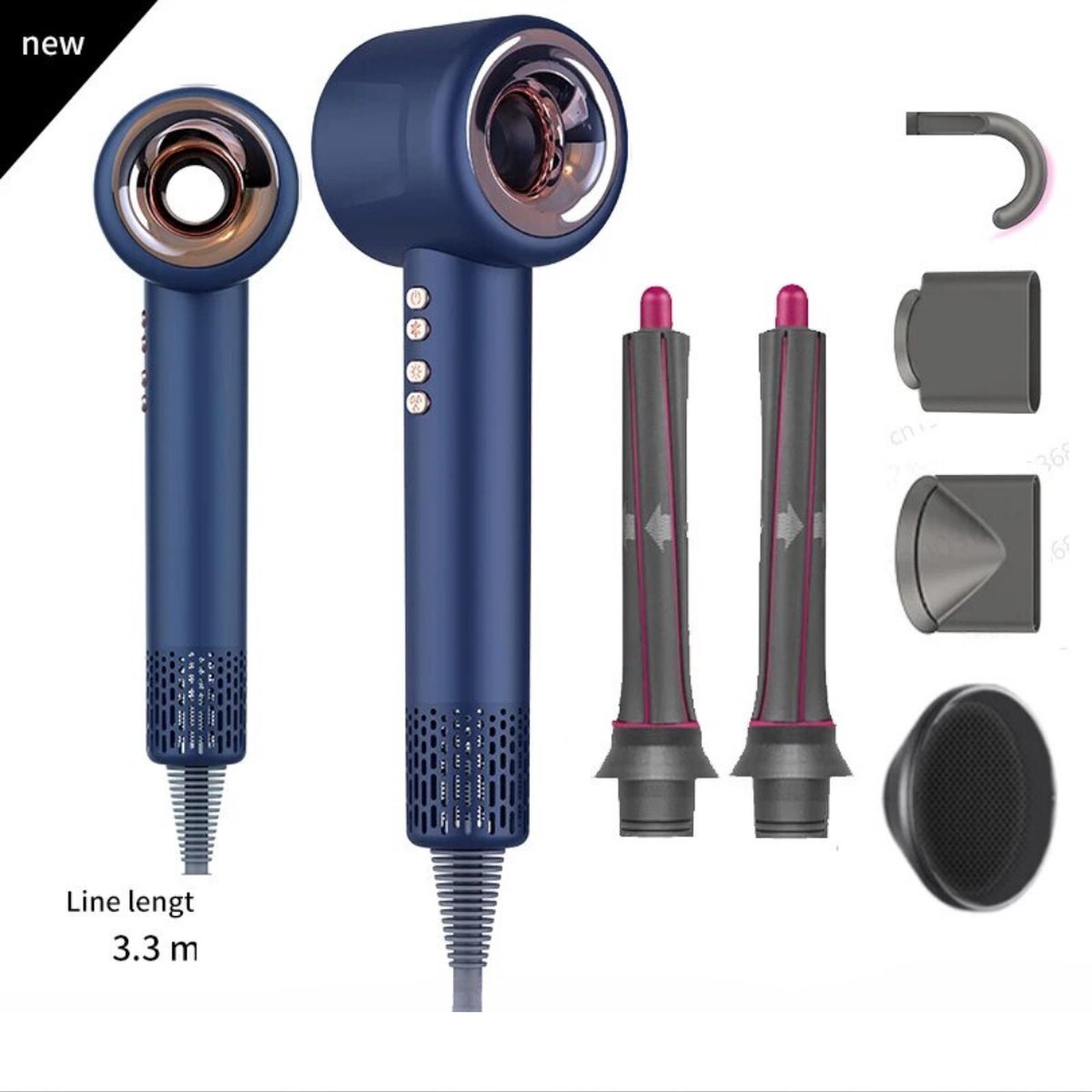 RM Enterprise Super Fohn - Hair Dryer - Ionische Fohn - Ionic - Haar - Haarverzorging - Styling - met 6 Accessoires - Navy Blauw
