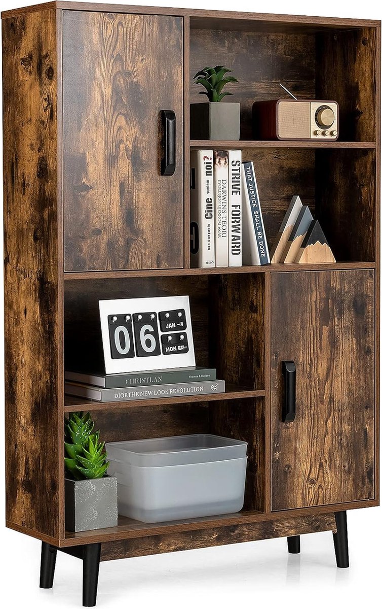 Boekenkast met 2 deuren en 4 open planken, hout, staand rek, houten rek, opbergrek voor woonkamer, werkkamer, 80 x 24 x 120 cm (koffie)