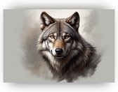 Wolf portret - Wolf schilderij op canvas - Schilderijen canvas dieren - Muurdecoratie landelijk - Schilderijen canvas - Decoratie woonkamer - 90 x 60 cm 18mm