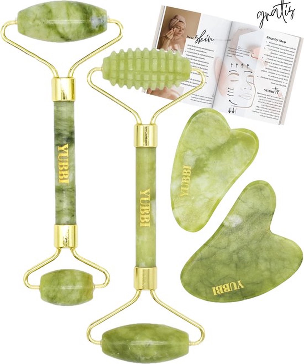 Goedkoopste YUBBI Jade Gua Sha Set - Groene Jade Gezichtsroller - Schraper - Gezichtsverzorging - 4 Stuks - Inclusief Instructies
