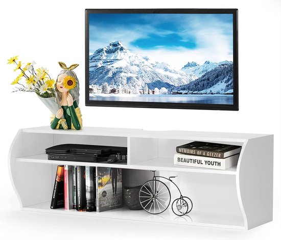 TV kast hangend en vrijstaand, TV kast hout modern, met 3 open vakken, commode voor 32-55 inch televisie, geschikt voor woonkamer en slaapkamer (wit)