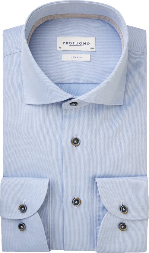 Profuomo slim fit heren overhemd - dobby - blauw - Strijkvriendelijk - Boordmaat: 43