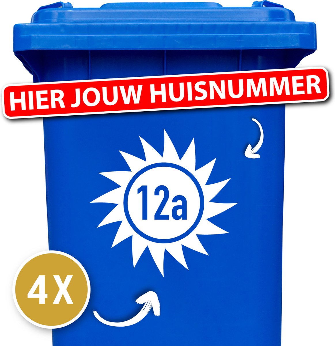 Container Sticker Huisnummer + Zon 4 Stuks - wit - 20 x 20 cm - kliko Sticker Voordeelset - Containerstickers - Weerbestendige Stickers - Stickers Buiten - Cijfer Sticker - Kliko Sticker Huisnummer - Brievenbus Sticker