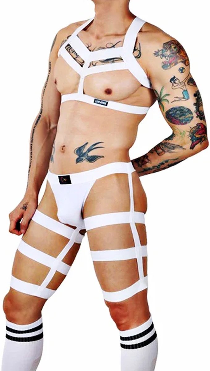 Goedkoopste 3-delige bondage harnas voor heren - Volledige lichaam harnas - Jarretel - Kousen - Jockstrap - BDSM Kostuum - Riem - Erotisch - One size