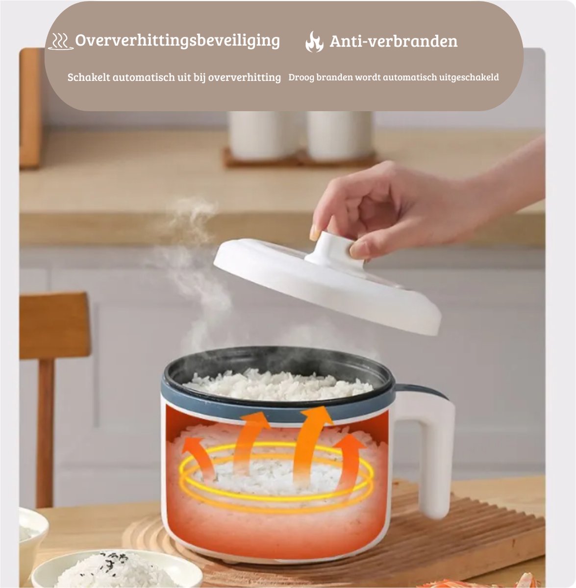 Rijstkoker Elektrisch – Slowcooker – Slimme Mechanische Multicooker – Duurzaam - Dubbele Laag – Antiaanbaklaag - Klein Formaat – 220V - Wit – foto 6