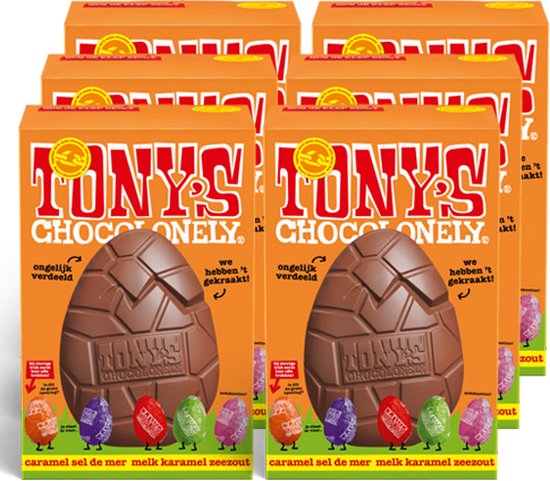 Tony's Chocolonely Chocolade Paasei Groot - Hol Ei met Melkchocolade en Karamel Zeezout + 5 Kleine Paaseieren - Paaschocolade - Paas Cadeau - Paascadeautjes voor Kinderen - 6 x 242 Gram - Tony's Chocolonely