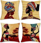 Set van 4 kussenslopen, Afrikaanse vrouwen, 45 x 45 cm, etnisch, tribaal polyester linnen, decoratieve kussenhoezen voor bank, slaapkamer, woonkamer, auto, huisdecoratie