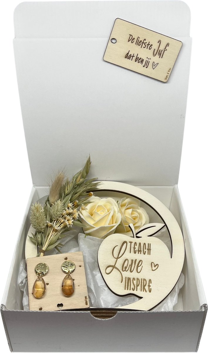 Geschenkbox JUF | BEIGE | flowerhoop | zeeproosjes | jij bent de liefste | liefste juf | topjuf | einde schooljaar | cadeau | cadeautje juf
