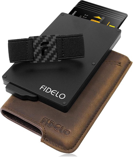 Fidelo minimalistische portemonnee voor heren, RFID-blokkeerbare pop-up portemonnee, creditcardhouder, slanke portemonnee gemaakt van 6063 aluminium met cliphouder en verwijderbare lederen tas, rustiek bruin