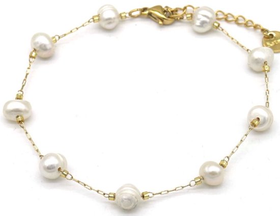 Bracelet Femme - Perles d'eau douce - Acier inoxydable - Longueur 17-21 cm - Doré