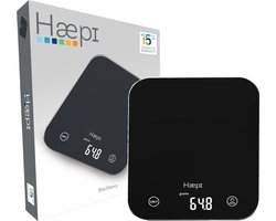 Haepi - Balance de cuisine électronique en verre de haute précision 5000g/1g, fonction tare, fonction liquide, design moderne, écran rétroéclairé, piles incluses, garantie 15 ans