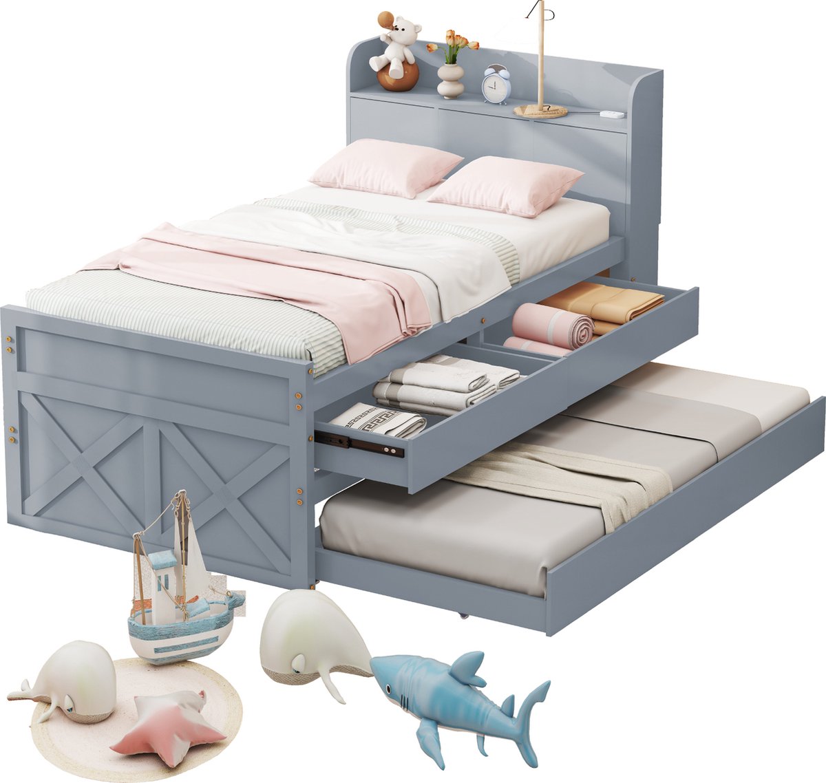 Merax Eenpersoonsbed met Extra Uitschuifbaar Bed - 90x190 - Kinderbed met Opbergruimte - Grijs