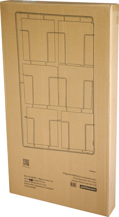 Zwarte doos met gedetailleerde tekening van een 6-vaks tijdschriftenrek.