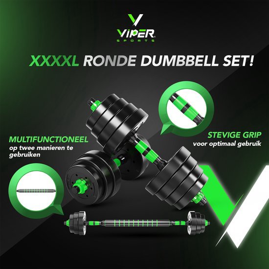 Viper Sports Verstelbare Dumbbell set tot 40kg - Halterset – 2-in-1 Gewichten – Gebruiksvriendelijke Fitness Stang – Home Gym – Krachttraining – Groen - Viper Sports