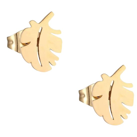 Aramat jewels - Zweerknopjes- oorbellen blaadje goudkleur- staal 9mm x 7mm-oorstekers - oorknopjes - oorstuds -RVS oorbellen - blaadjes oorbellen - goudkleurige oorstekers -oorbelletjes - dames oorbellen - mannen oorbellen - cadeau