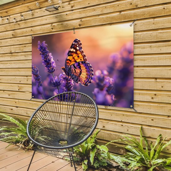 Poster de jardin papillon - Décoration de jardin lavande violet - 120x80 cm - Poster Fleurs pour le jardin - Décoration extérieure papillons - Peinture de jardin clôture - Décoration murale toile de jardin - Décoration murale balcon..