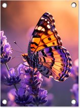 Tuinposter vlinder - Tuindecoratie lavendel paars - 30x40 cm - Bloemen poster voor in de tuin - Buiten decoratie vlinders - Schutting tuinschilderij - Tuindoek muurdecoratie - Wanddecoratie balkondoek