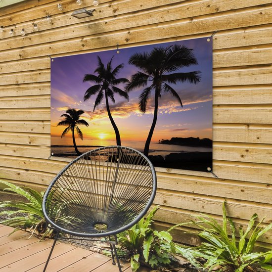 Affiche de jardin - Toile de jardin - Posters de jardin extérieur - Plage - Coucher de soleil - Palmiers - Tropical - 120x80 cm - Jardin