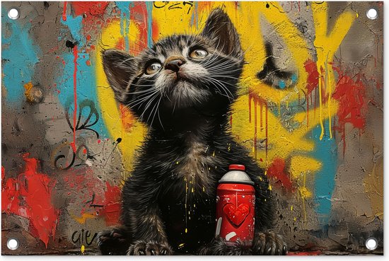 Tuinposter 60x40 cm - Tuindecoratie - Graffiti - Kitten - Street art - Kat - Dier - Poster voor in de tuin - Buiten decoratie - Schutting tuinschilderij - Muurdecoratie - Tuindoek - Buitenposter..