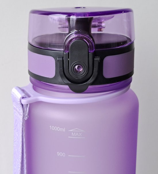Bovenkant van een paarse King Mungo drinkfles met een maatverdeling van 1000ml.