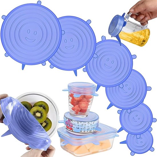 12 Stuks Rekbare Siliconen Deksels, 6 Verschillende Maten, Herbruikbare Siliconen Deksel Rond, Siliconen Dekselset Blauw en Wit, Universele Rekbare Siliconen Klevende Deksels, voor Fruit, Yoghurt