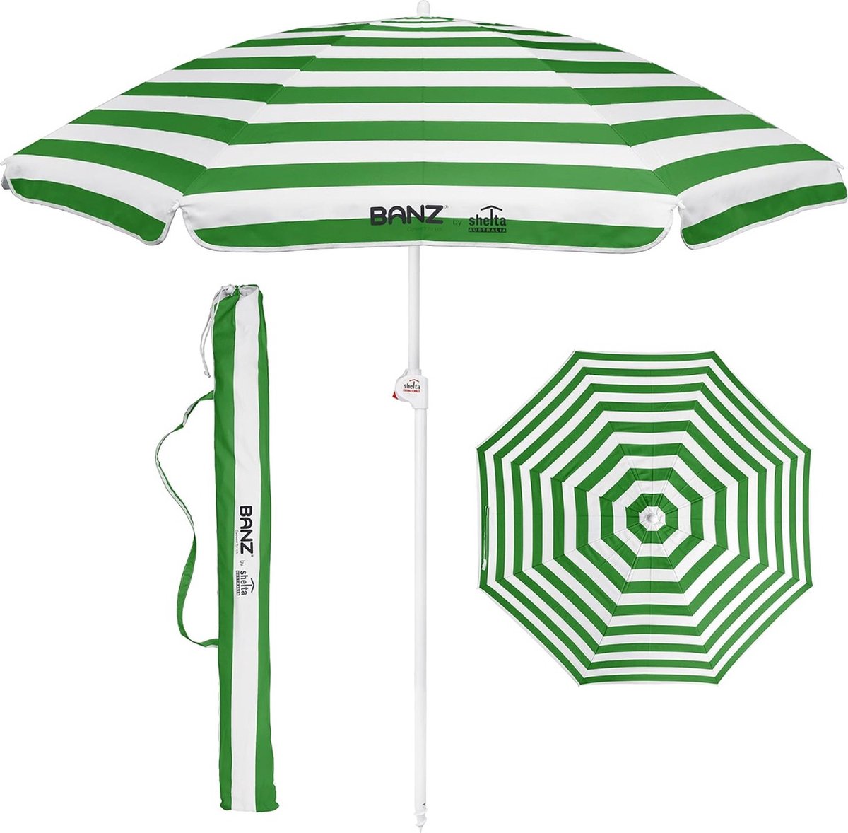 Banz UV strandparasol in groen en wit gestreept, afmetingen 165/200 cm x 180 cm.