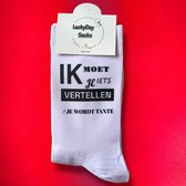 Tante - Je wordt Bonus Tante - Gift - Zwanger - Sokken met tekst - Witte sokken - Cadeau voor vrouw - leuke Tante cadeautje - Kado - Sokken - LuckyDay Socks - Maat 37-44