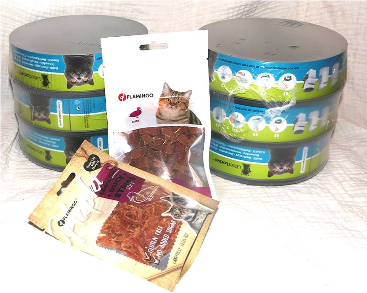 Bol.com litter locker navullingen * 2 * x 3 stuks + * 2 * zakjes flamingo hapki kattensnacks aanbieding
