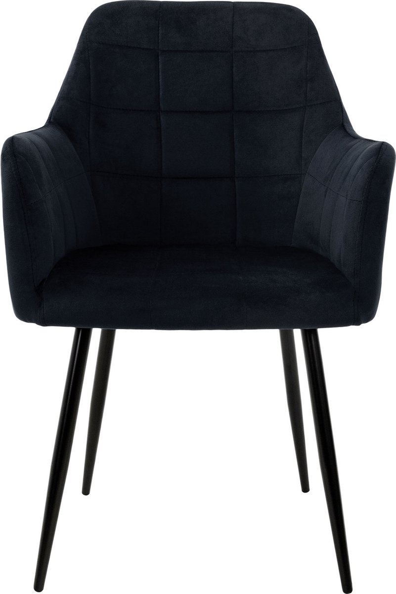 ecd germany Set van 2 Eetkamerstoelen met rugleuning en armleuningen Zwart Fluwelen Zitting Metalen Poten Keukenstoelen Woonkamerstoeltjes Woonkamerstoeltjes Gestoffeerde stoeltjes Fauteuils
